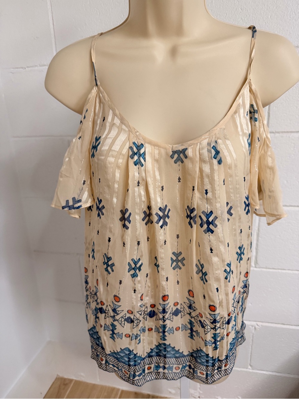 Joie Beige Cold-Shoulder Camisole with Blue Embroidery